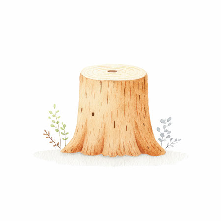 This charming watercolor illustration showcases a chopped tree stump surrounded by delicate greenery, perfect for nature-themed projects and designs.の写真素材