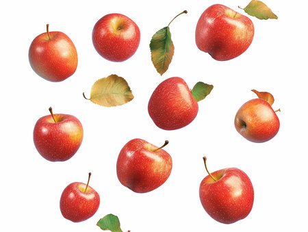 Falling red apples isolated on white background. 3d illustration.の写真素材