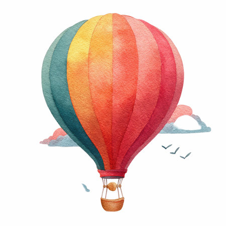 A captivating watercolor illustration depicting a colorful hot air balloon soaring in a bright sky, surrounded by fluffy clouds. Perfect for travel themes.の写真素材