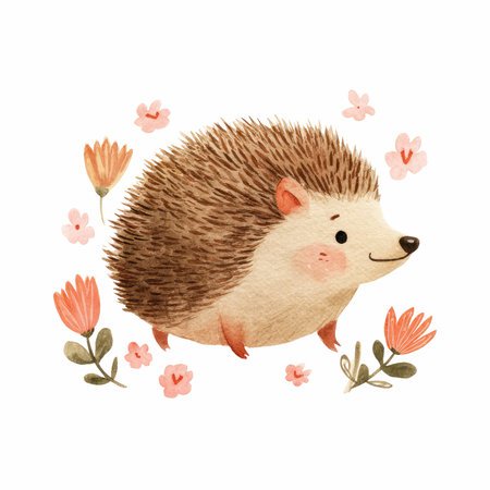 This charming watercolor illustration features a cute hedgehog surrounded by lovely flowers, perfect for adding a whimsical touch to any space. Ideal for children&#39;s rooms or nature-themed decor, this artwork captures joy and creativity.の写真素材