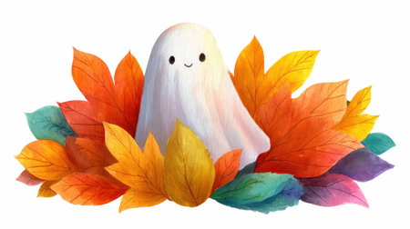 A charming illustration of a whimsical ghost nestled among colorful autumn leaves, embodying the spirit of the season with a cheerful expression.の写真素材