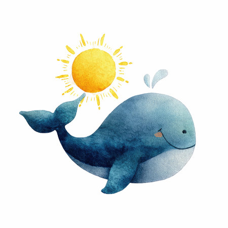 This charming watercolor illustration features a friendly whale accompanied by a bright sun, perfect for children&#39;s decor or educational materials.の写真素材