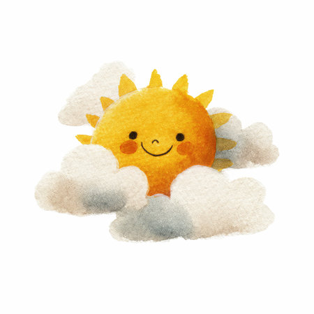 This charming watercolor illustration features a smiling sun surrounded by fluffy clouds, perfect for adding a cheerful touch to any creative project.の写真素材