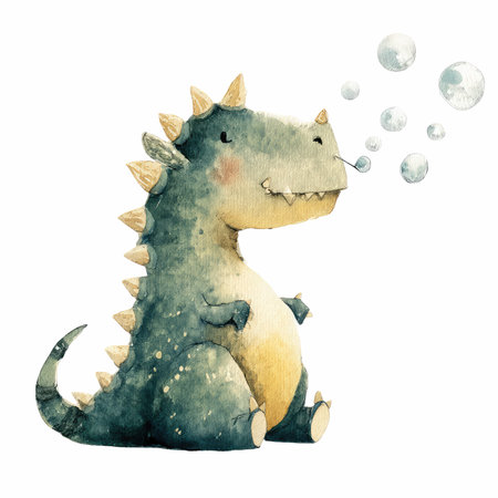 Delight in this charming watercolor illustration featuring a friendly dinosaur blowing bubbles, perfect for children&#39;s decor or playful projects.の写真素材