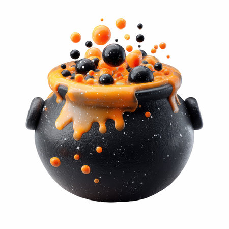 Halloween witch cauldron full of orange and black bubbles isolated on white backgroundの写真素材