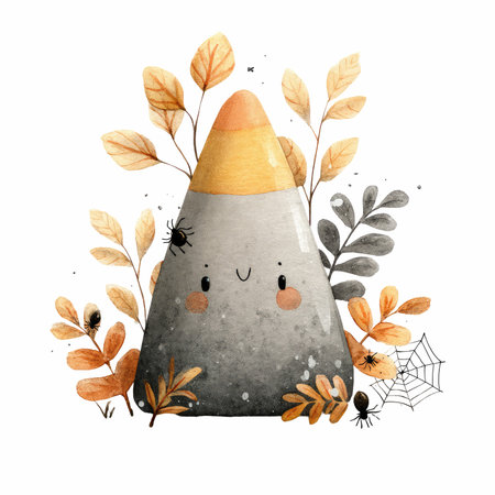 This cheerful candy corn character features a smiling face and is surrounded by autumn leaves, perfect for festive designs.の写真素材