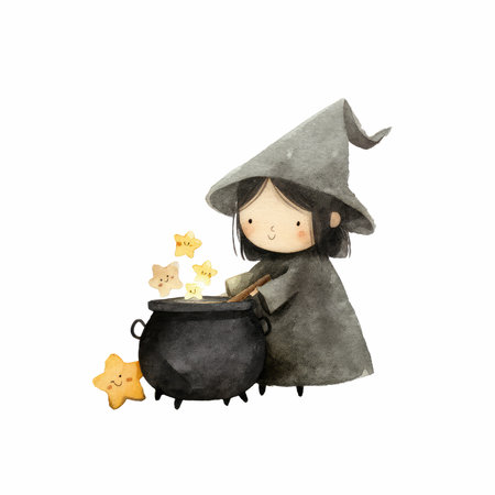 Delight in this charming watercolor illustration featuring a tiny witch happily stirring a bubbling cauldron surrounded by stars. Perfect for Halloween!の写真素材