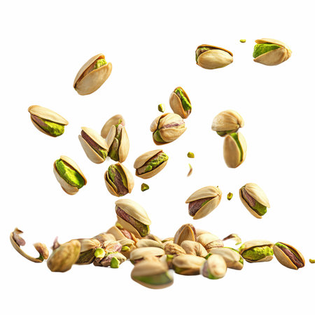 Flying pistachio nuts isolated on white background with clipping path.の写真素材