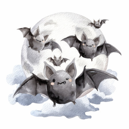This charming watercolor illustration features friendly bats flying through the night sky with a full moon and fluffy clouds. Perfect for Halloween decor!の写真素材