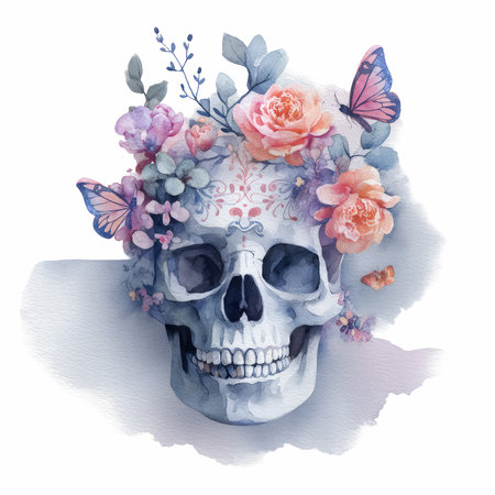 This watercolor illustration features a smiling skull adorned with vibrant flowers and butterflies, creating a whimsical and charming decorative art piece.の写真素材