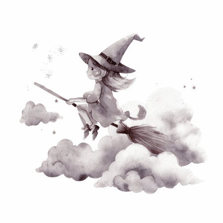 A charming illustration of a mini witch in a pointy hat riding a broom through fluffy clouds, capturing a whimsical and magical adventure.の写真素材