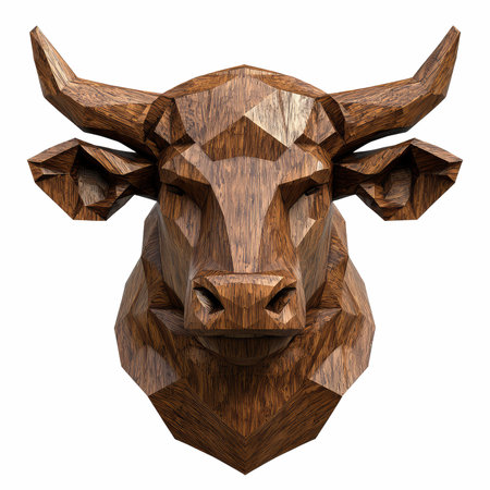 Stunning 3D low polygon sculpture of a bull head, crafted from wood material. Perfect for modern decor, this art piece combines rustic charm with contemporary design.の写真素材