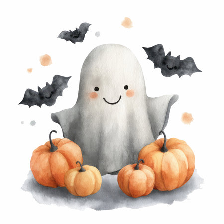 This delightful watercolor illustration features a friendly ghost surrounded by playful pumpkins and whimsical bats, perfect for Halloween decor.の写真素材