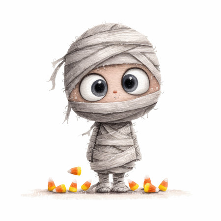This whimsical illustration features a playful mummy character with big expressive eyes, surrounded by candy cornâperfect for Halloween themes.の写真素材
