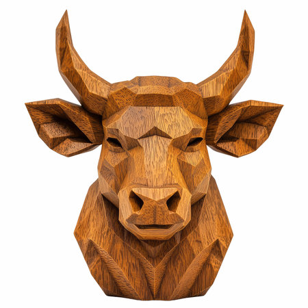 This captivating 3D wood sculpture depicts a bull head in a low polygon design, showcasing intricate details and a rustic charm perfect for any decor.の写真素材