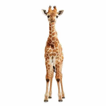 A photorealistic image of a young giraffe standing on a clean white background, showcasing its unique features and gentle demeanor. Ideal for wildlife enthusiasts.の写真素材