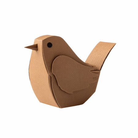 Brown bird recycled paper craft isolated on white background with clipping path.の写真素材
