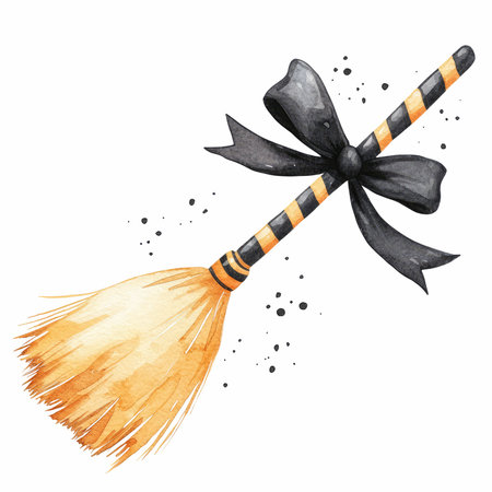 This charming watercolor illustration features a cute broomstick adorned with black and orange stripes and a lovely ribbon bow, perfect for Halloween or magical themes.の写真素材