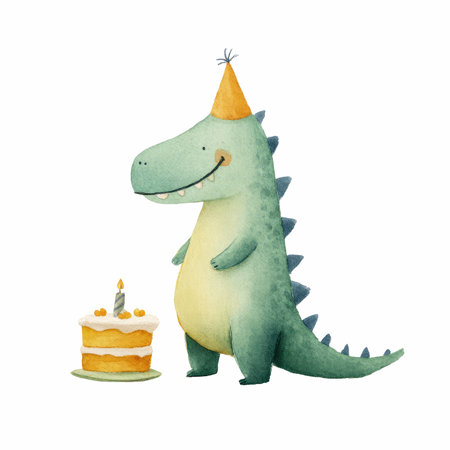 Delight in this charming watercolor illustration of a friendly dinosaur celebrating a birthday with a festive cake and party hat, perfect for children&#39;s themes.の写真素材