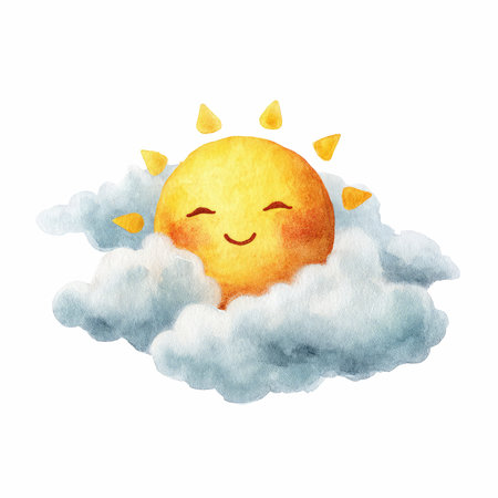 Delight in this charming watercolor illustration of a smiling sun emerging from soft clouds. Perfect for brightening designs and evoking joy.の写真素材