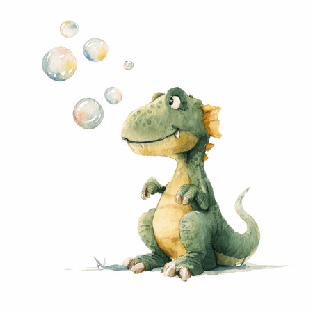 This charming watercolor illustration features a friendly dinosaur playing with bubbles, radiating joy and playfulness, perfect for children&#39;s themes.の写真素材