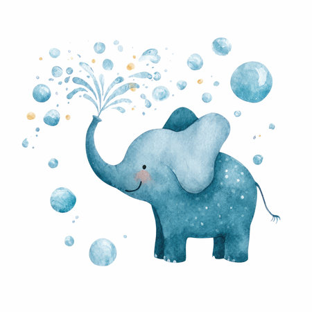This delightful watercolor illustration features a cheerful elephant playfully spraying water and surrounded by floating bubbles. Perfect for children&#39;s themes.の写真素材