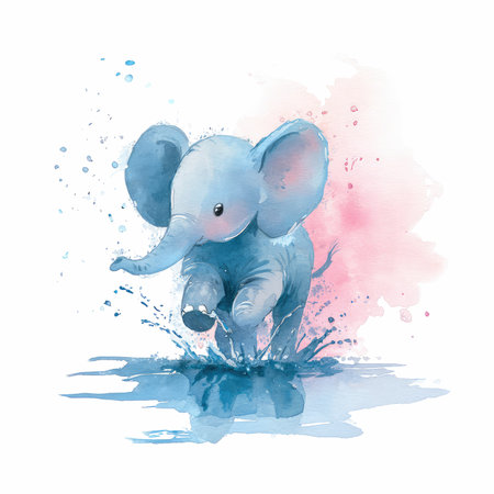 This enchanting watercolor illustration features a cute baby elephant playfully splashing in a colorful pool of water, radiating joy and charm.の写真素材