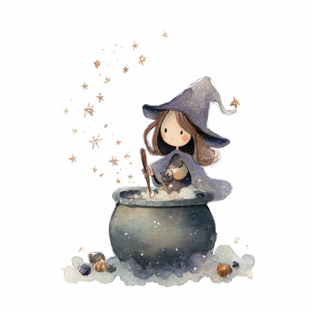 A charming illustration of a witch stirring a magical potion in a bubbling cauldron, surrounded by twinkling stars and mystical elements. Perfect for fantasy themes.の写真素材
