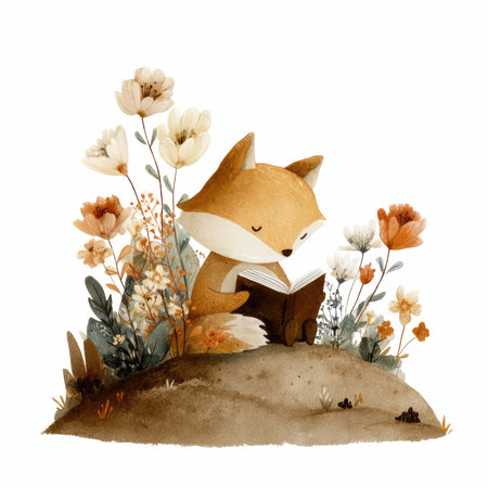 This charming watercolor illustration features a cozy fox nestled in a whimsical garden, engrossed in a book, surrounded by lovely flowers, perfect for nature lovers.の写真素材