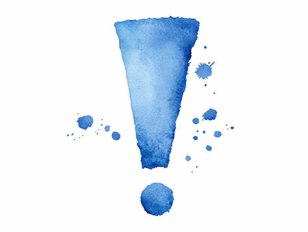 Blue watercolor exclamation mark on white background. Vector illustration.の写真素材