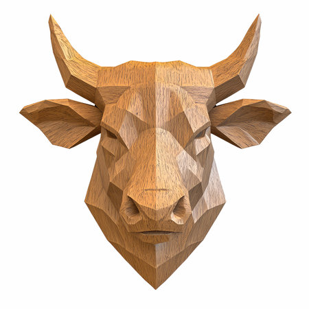 Wooden bull head. 3D rendering isolated on white background.の写真素材