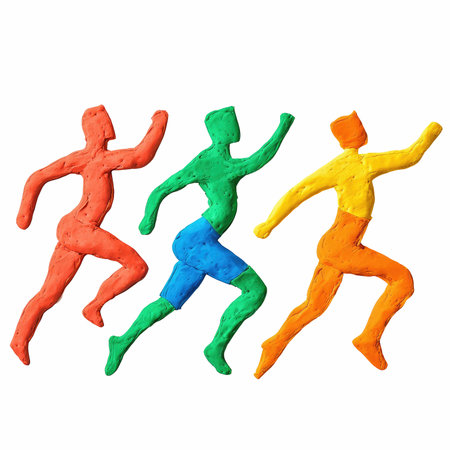 Colorful plasticine running people isolated on white background. 3D rendering.の写真素材