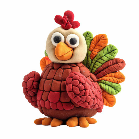 3d render of a cute chicken made of clay isolated on white backgroundの写真素材
