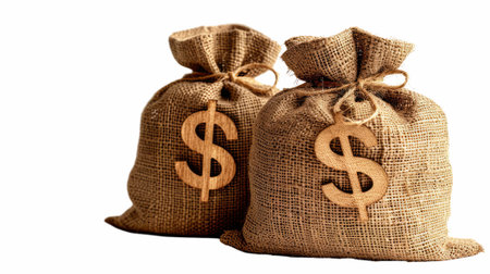 Two burlap sacks with dollar sign isolated on white background, financial conceptの写真素材