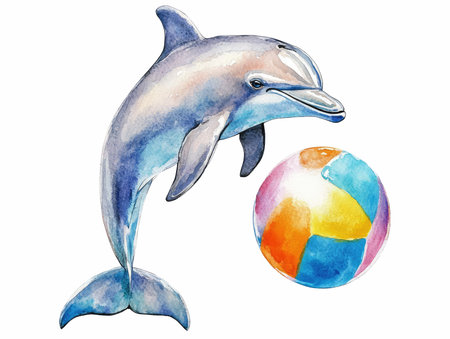 Dolphin and ball. Watercolor illustration on a white background.の写真素材