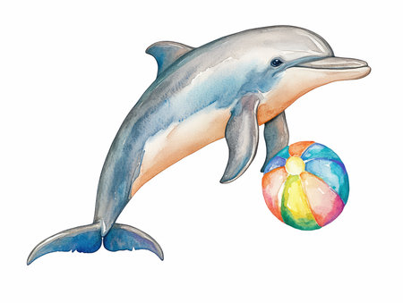 watercolor illustration of a dolphin with a ball on a white backgroundの写真素材