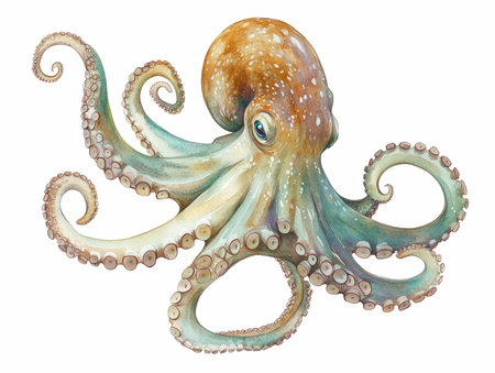Watercolor octopus isolated on white background. Hand drawn illustration.の写真素材