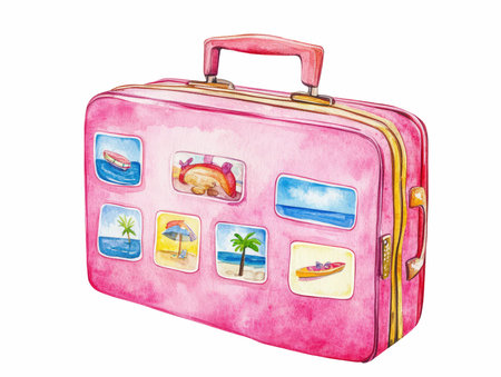 Watercolor illustration of pink travel suitcase with tropical beach on white backgroundの写真素材