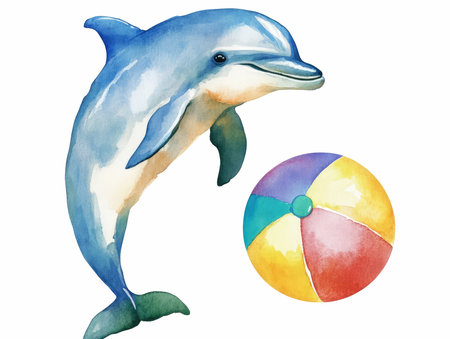 Watercolor illustration of a dolphin with a ball on a white backgroundの写真素材