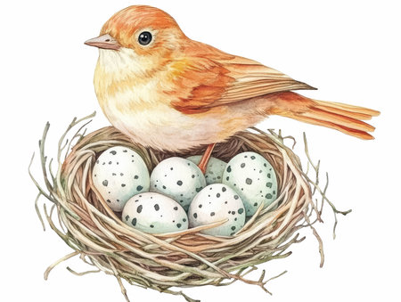 This charming illustration features a cheerful robin sitting in a cozy nest full of delicate blue eggs. With a transparent background, this artwork captures the beauty of nature and is perfect for a variety of designs and themes.の写真素材