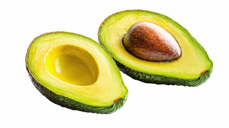Two perfectly cut avocado halves showcasing creamy flesh and a brown seed on a clean white...