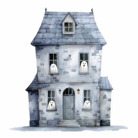 A whimsical illustration of a charming haunted house featuring friendly ghosts peeking through the windows, perfect for storytelling.の写真素材