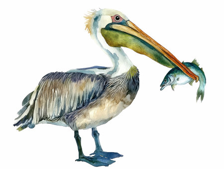 Illustration of a pelican and a fish on a white backgroundの写真素材