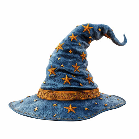 Stunning blue wizard hat featuring intricate golden star embroidery, perfect for fantasy themes, costumes, or creative projects on a transparent background.の写真素材
