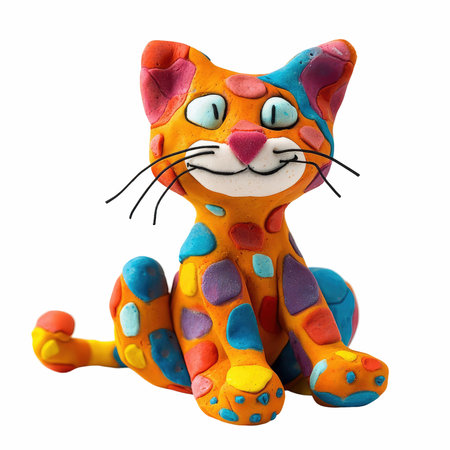 A cheerful and colorful playdough cat sculpture showcases vibrant colors and whimsical features, ideal for creative projects. Perfect for artistic expression.の写真素材