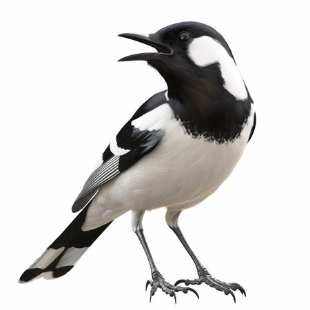 Stunning photorealistic depiction of a black and white bird against a clean white background, showcasing incredible detail and lifelike features. Perfect for nature lovers.の写真素材