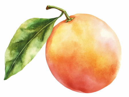 Beautifully illustrated ripe orange with a lush green leaf, showcasing vibrant colors and soft watercolor texture, perfect for food and nature themes.の写真素材