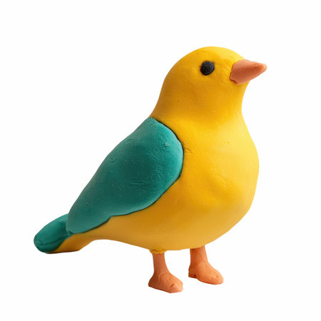 Plasticine yellow and green bird isolated on white background with clipping pathの写真素材