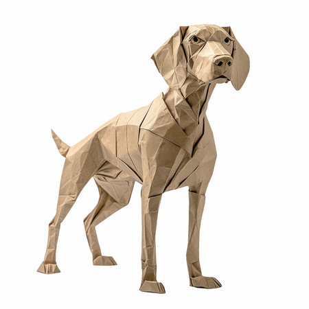 This high-quality image features a meticulously crafted origami dog sculpture displayed against a clean white background, showcasing artistry and intricate design.の写真素材