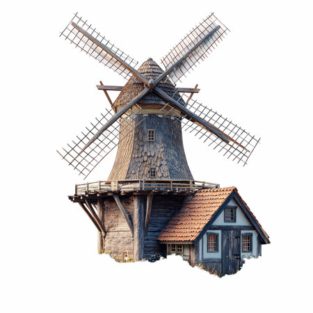 Old wooden windmill isolated on white background. 3D illustration.の写真素材